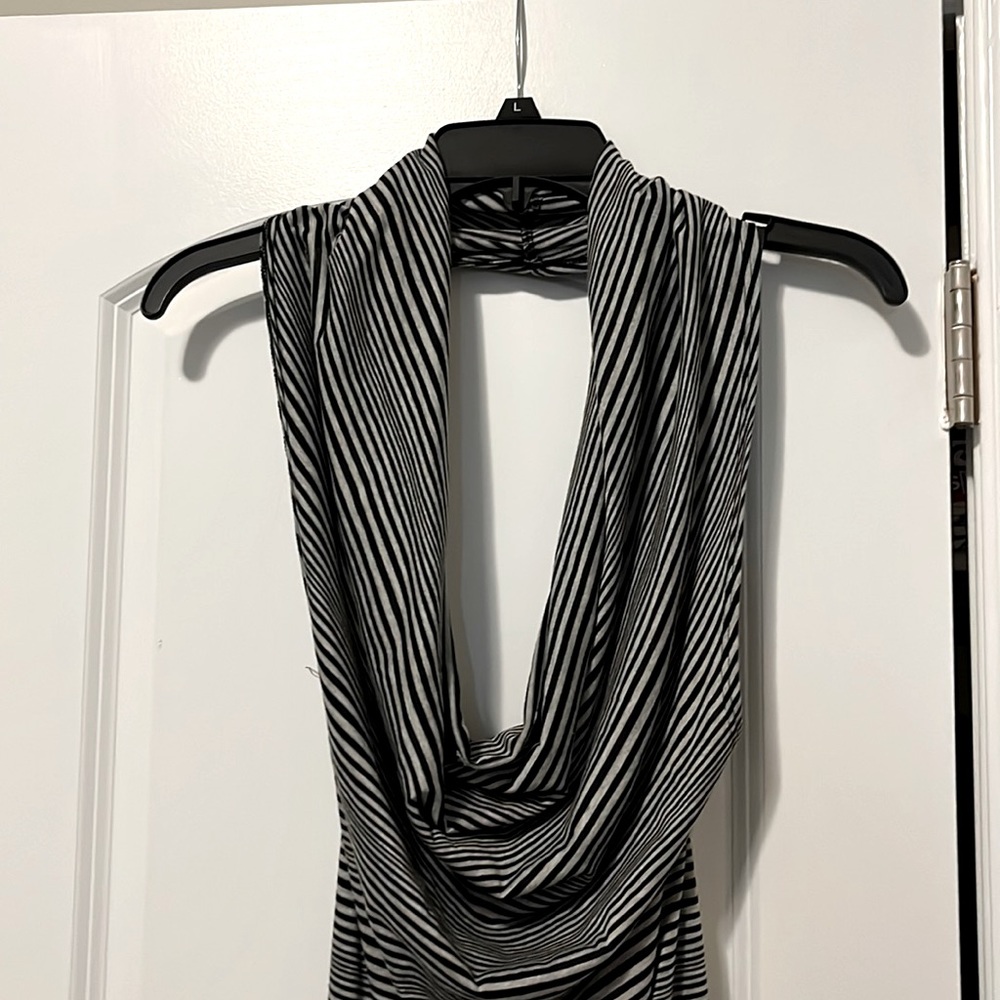 bebe black & grey striped, low cut halter top, backless dress, size small.